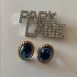 Vintage Park Lane blue Cabochon Earrings and silver rhinestone Brooch